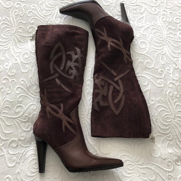 Nine West WILLETTA Suede Leather Boot Applique Pointy Toe Med Brown Zip 8.5 NEW - Picture 1 of 15